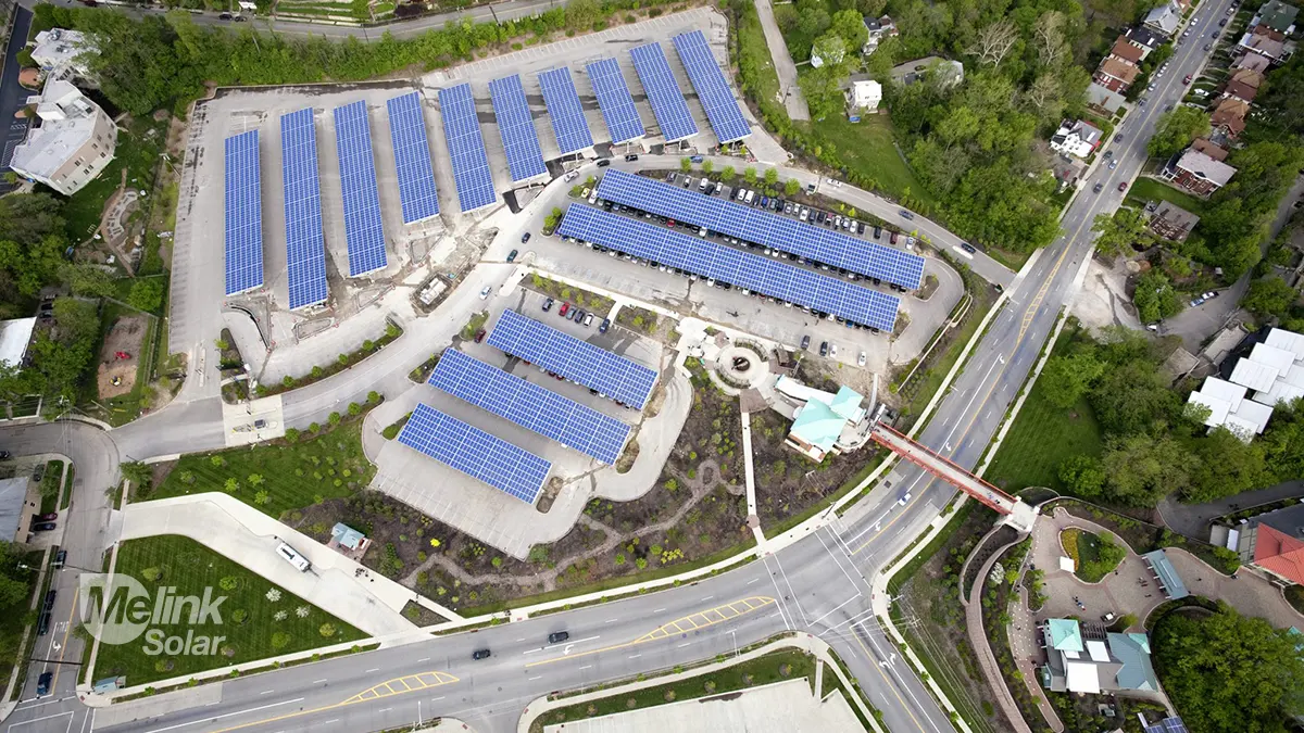 Aerial view of the Cincinnati Zoo parking canopy solar installation